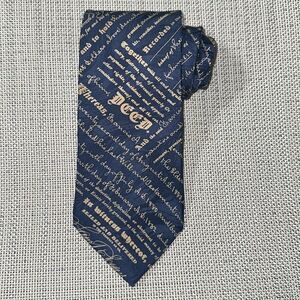 Museum Artifacts Navy Ivory Cursive Print Textured Silk Tie